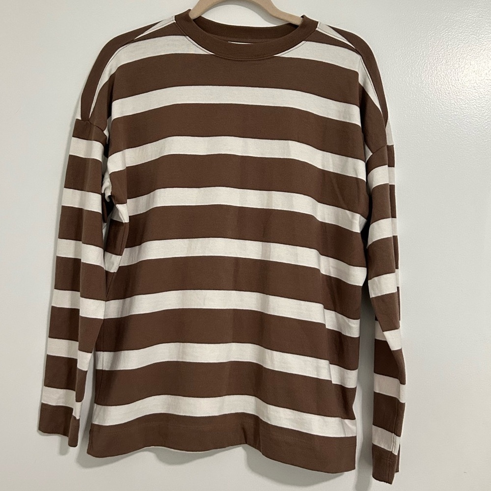 AYR The Early Morning Tee, Women’s, Tan White Stripe,  Shiitake Stripe, Small